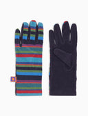 Women's short blue fleece gloves with multicolor stripes