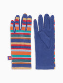 Women's short fleece gloves in light blue with multicolor stripes
