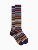 Lange Damensocken aus Baumwolle und Kaschmir, blau, mit mehrfarbigen Mikro-Streifen