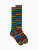 Calze lunghe donna cotone e cashmere marrone righe multicolor micro - Gallo 1927 - Official Online Shop
