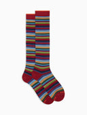 Women's long burgundy cotton and cashmere socks with multicoloured micro stripes