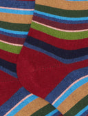 Women's long burgundy cotton and cashmere socks with multicoloured micro stripes
