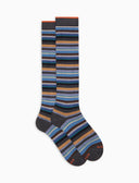 Women's long grey cotton and cashmere socks with multicoloured micro stripes