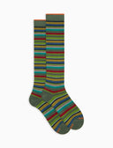 Women's long green cotton and cashmere socks with multicoloured micro stripes