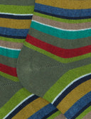 Women's long green cotton and cashmere socks with multicoloured micro stripes