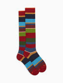 Calze lunghe donna cotone e cashmere bordò righe multicolor macro