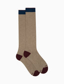 Women's long plain beige cotton and cashmere socks with contrasting details