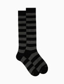 Women's long warm cotton socks in black with two-tone stripes