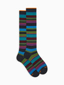 Lange Damensocken aus warmer Baumwolle, blau, mehrfarbig gestreift