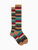 Women's long beige warm cotton socks with multicoloured stripes