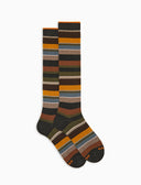 Lange Damensocken aus warmer Baumwolle, grau mit bunten Streifen
