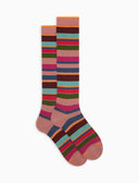 Women's long pink warm cotton socks with multicoloured stripes