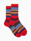 Kurze Damensocken aus warmer Baumwolle, rot mit bunten Streifen
