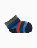 Kids' blue warm cotton booty socks with multicoloured stripes