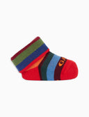 Kids' red warm cotton booty socks with multicoloured stripes
