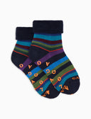 Kids' non-slip blue warm cotton socks with multicoloured stripes