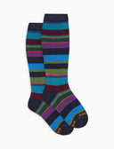 Kids' long blue warm cotton socks with multicoloured stripes