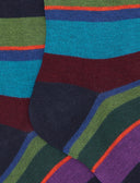 Kids' long blue warm cotton socks with multicoloured stripes