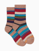 Kids' short beige warm cotton socks with multicoloured stripes