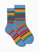 Kids' short light blue warm cotton socks with multicoloured stripes