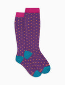 Kids' long purple warm cotton socks with polka dots
