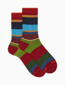 Kurze Herrensocken aus Baumwolle und Kaschmir, bordeauxrot, breite Multicolor-Streifen