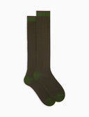 Men's long green warm cotton socks with two-tone stripes