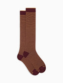 Men's long burgundy warm cotton socks with two-tone stripes