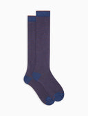 Men's long blue warm cotton socks with two-tone stripes