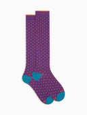Men's long purple warm cotton socks with polka dots