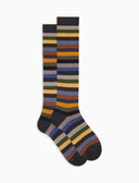 Men's long warm cotton socks, blue, even stripes