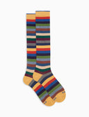 Men's long warm cotton socks, light blue, even stripes