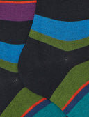 Men's long blue warm cotton socks with multicoloured stripes