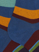 Men's long blue warm cotton socks with multicoloured stripes