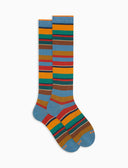 Men's long light blue warm cotton socks with multicoloured stripes