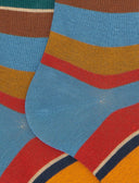 Men's long light blue warm cotton socks with multicoloured stripes