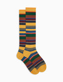 Men's long yellow warm cotton socks with multicoloured stripes