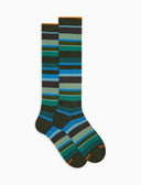 Men's long grreen warm cotton socks with multicoloured stripes