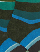 Men's long grreen warm cotton socks with multicoloured stripes
