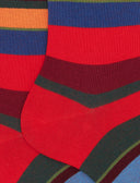 Men's short red warm cotton socks with multicoloured stripes