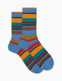Men's short light blue warm cotton socks with multicoloured stripes