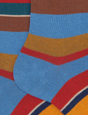 Men's short light blue warm cotton socks with multicoloured stripes