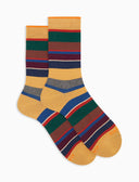 Men's short yellow warm cotton socks with multicoloured stripes