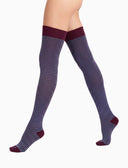 Women's thigh-high purple warm cotton socks with Windsor stripes