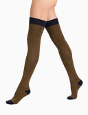 Women's thigh-high blue warm cotton socks with Windsor stripes