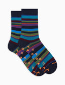 Men's short non-slip blue warm cotton socks with multicoloured stripes