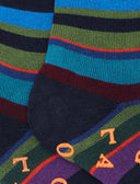 Men's short non-slip blue warm cotton socks with multicoloured stripes