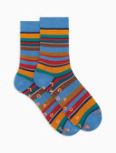 Men's short non-slip light blue warm cotton socks with multicoloured stripes