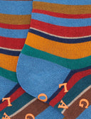 Men's short non-slip light blue warm cotton socks with multicoloured stripes