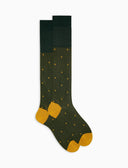 Men's long green cotton socks with polka dot pattern on iridescent base